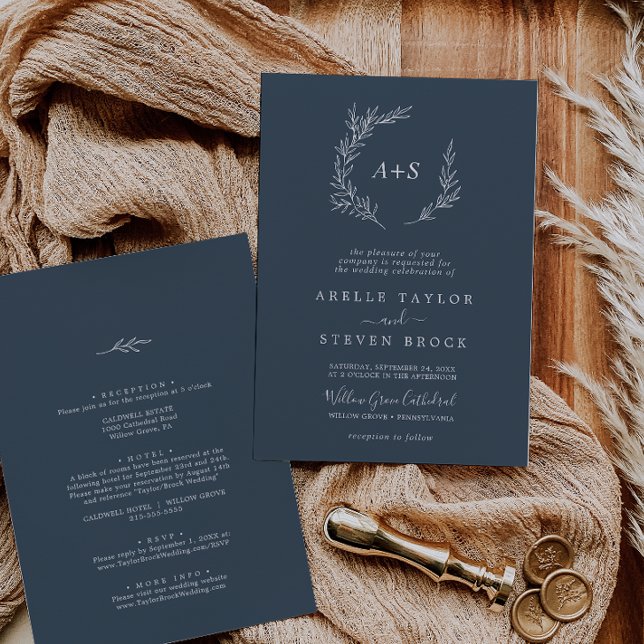 Invitation Feuille minimale | Bleu Ardoise Tout En Un Mariage (Créateur téléchargé)