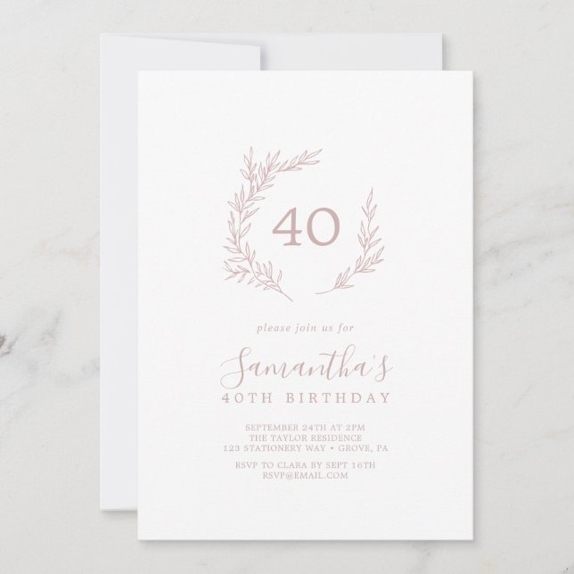 Invitation Feuille minimale | Blush Pink 40e anniversaire (Devant)