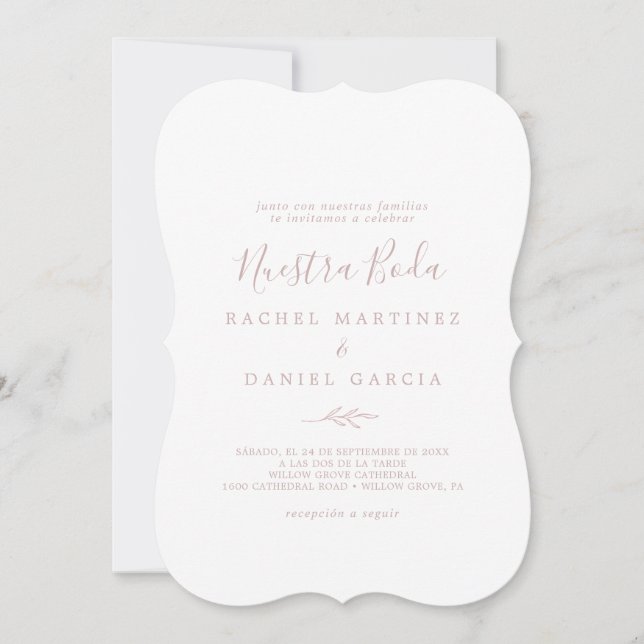 Invitation Feuille minimale | Blush Pink Espagnol Nuestra Bod (Devant)