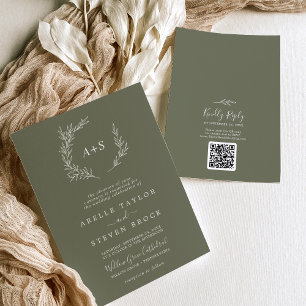 Invitation Feuille minimale   Dark Green Monogram QR Code Mar