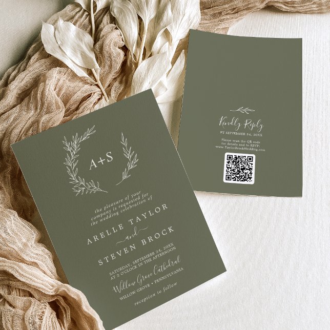 Invitation Feuille minimale | Dark Green Monogram QR Code Mar (Créateur téléchargé)