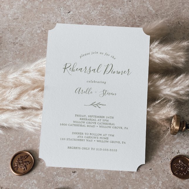Invitation Feuille minimale | Dîner de répétition vert olive (Créateur téléchargé)