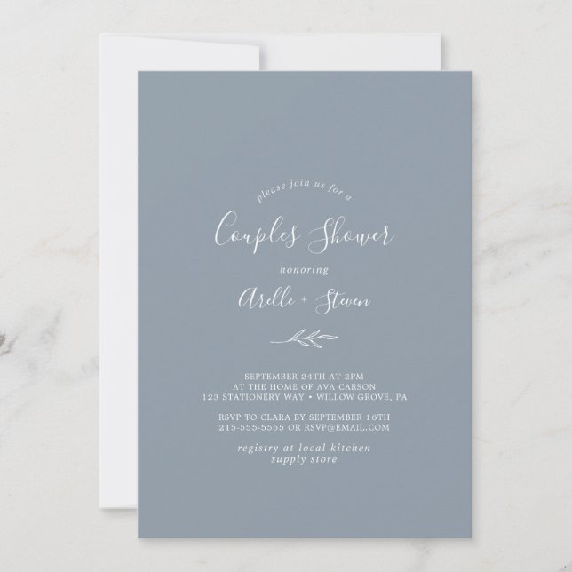 Invitation Feuille minimale | Douche Dusty Blue Couples (Devant)