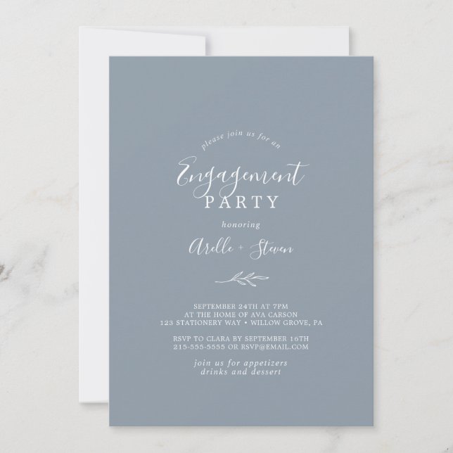 Invitation Feuille minimale | Dusty Blue Engagement Party (Devant)