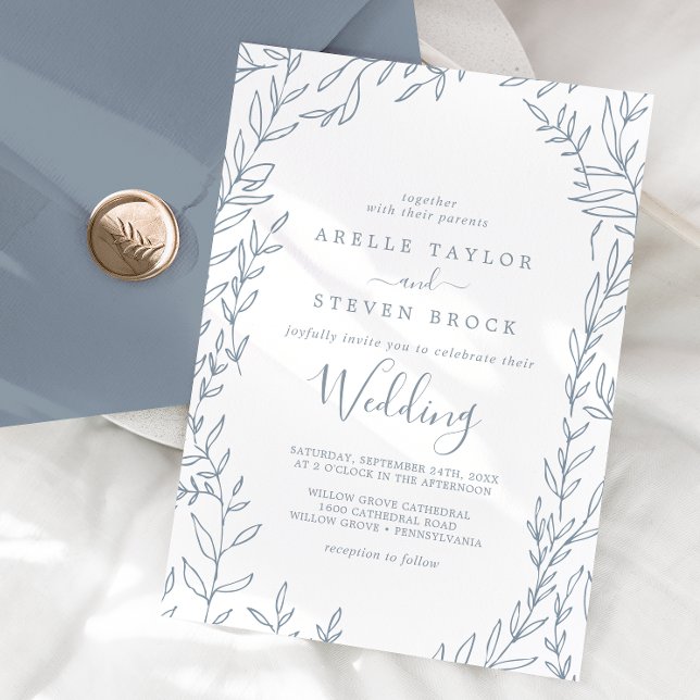 Invitation Feuille minimale | Dusty Blue Mariage (Créateur téléchargé)