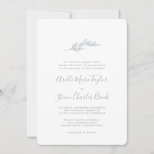 Invitation Feuille minimale | Dusty Blue Mariage traditionnel (Devant)