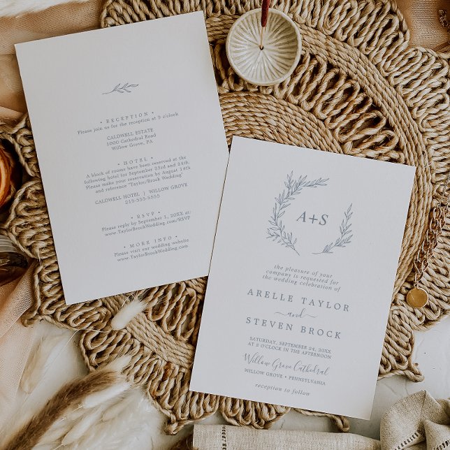Invitation Feuille minimale | Dusty Blue Tout en un Mariage (Créateur téléchargé)
