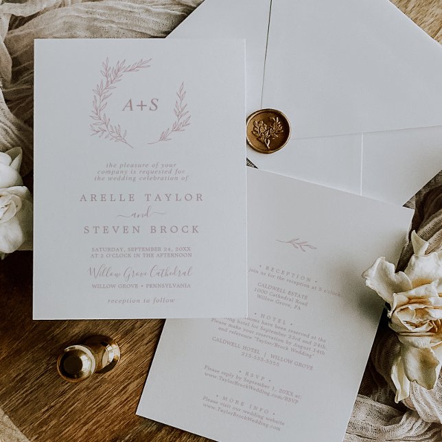 Invitation Feuille minimale | Dusty Rose tout en un Mariage (Créateur téléchargé)