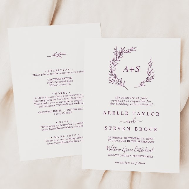 Invitation Feuille minimale | Eggplant Tout En Un Mariage (Créateur téléchargé)