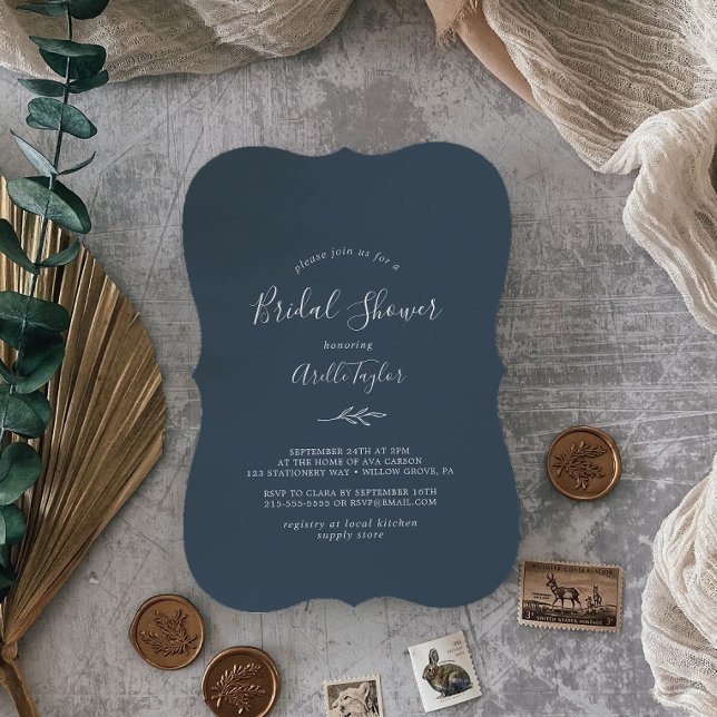 Invitation Feuille minimale | Fête des mariées bleu ardoise (Créateur téléchargé)