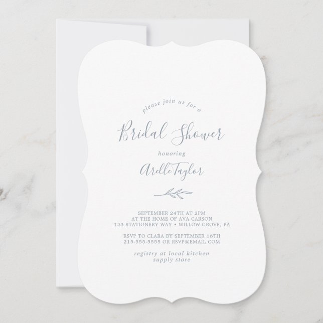 Invitation Feuille minimale | Fête des mariées bleu Dusty (Devant)