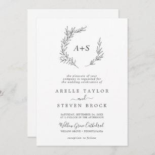 Invitation Feuille minimale   Gris foncé Tout en un Mariage