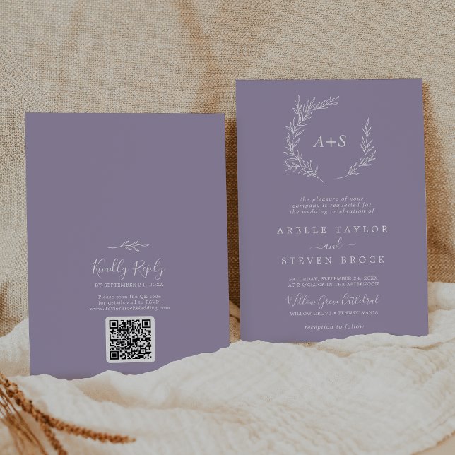 Invitation Feuille minimale | Lavender Monogram QR Code Maria (Créateur téléchargé)