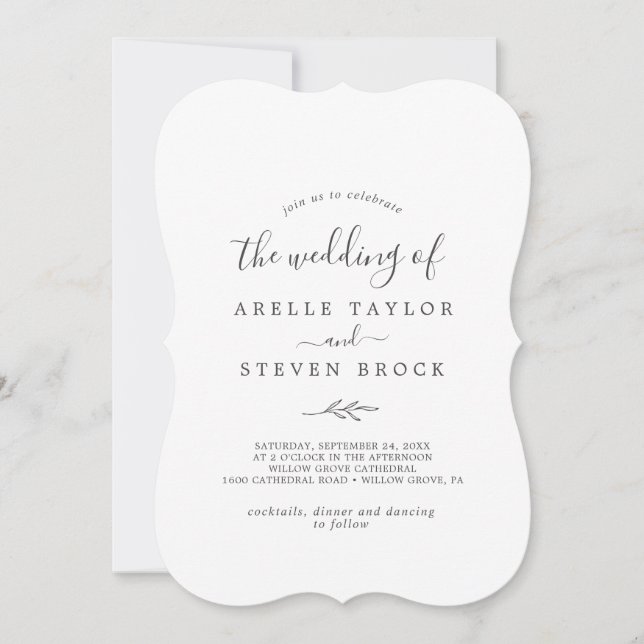 Invitation Feuille minimale | Mariage arrière gris foncé (Devant)