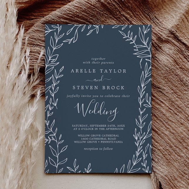 Invitation Feuille minimale | Mariage bleu ardoise (Créateur téléchargé)