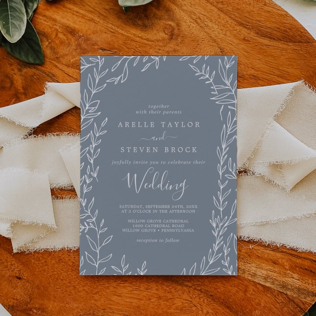 Invitation Feuille minimale | Mariage bleu et blanc (Créateur téléchargé)