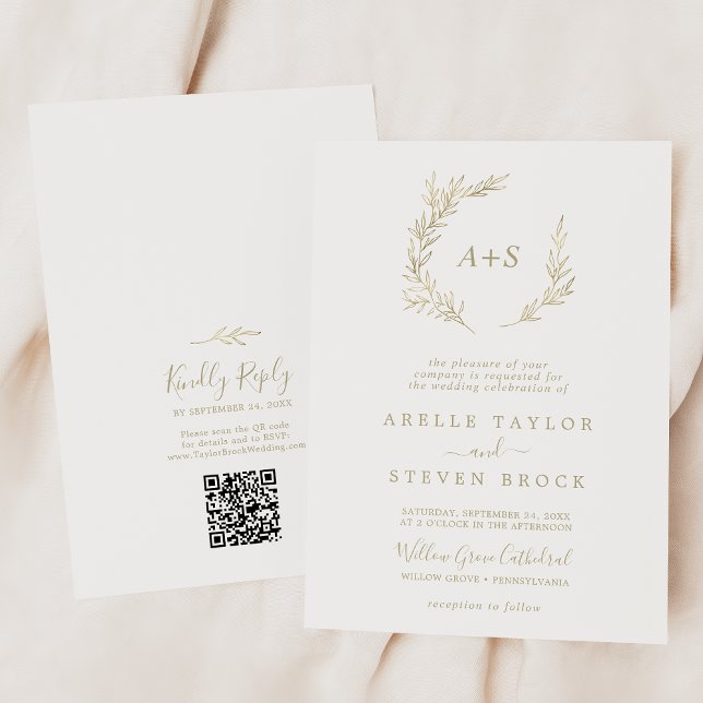 Invitation Feuille minimale | Mariage de code QR du monogramm (Créateur téléchargé)