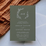 Invitation Feuille minimale | Mariage de monogramme officiel<br><div class="desc">Ce faire-part de mariage monogramme formel vert foncé de feuille minimale est parfait pour un mariage boho. Le design se compose d'une simple silhouette de feuille de verdure en vert d'olivier,  au style bohème minimaliste de montagne. Personnalisez avec les initiales de la mariée et du marié.</div>