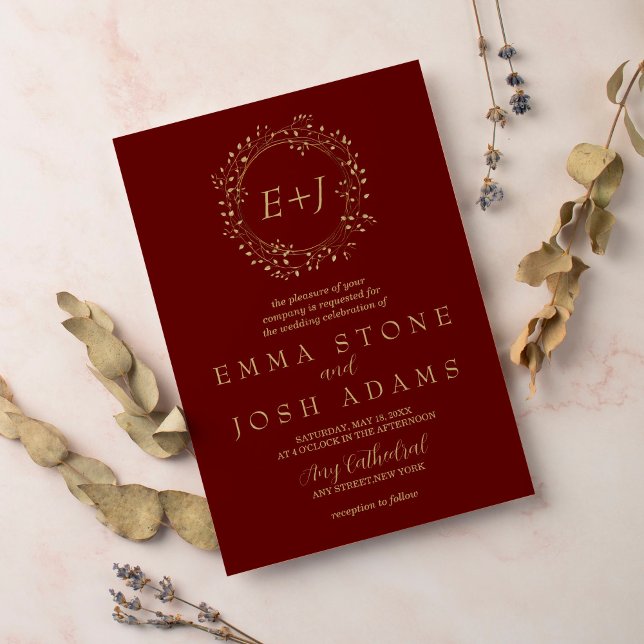 Invitation Feuille minimale | Mariage de monogramme officiel  (Créateur téléchargé)