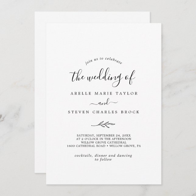 Invitation Feuille minimale | Mariage noir et blanc (Devant / Derrière)