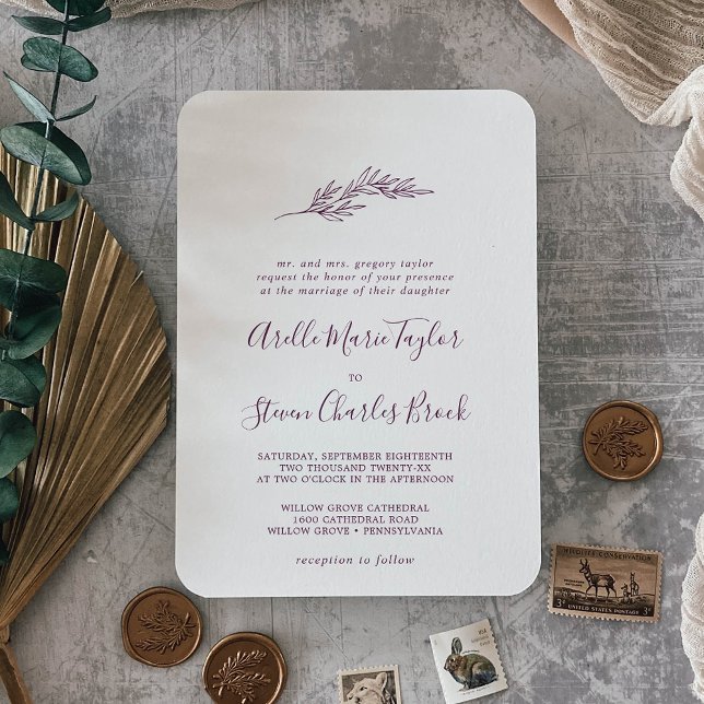 Invitation Feuille minimale | Mariage traditionnel aubergine (Créateur téléchargé)