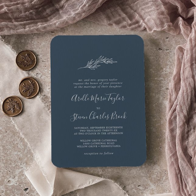 Invitation Feuille minimale | Mariage traditionnel bleu ardoi (Créateur téléchargé)