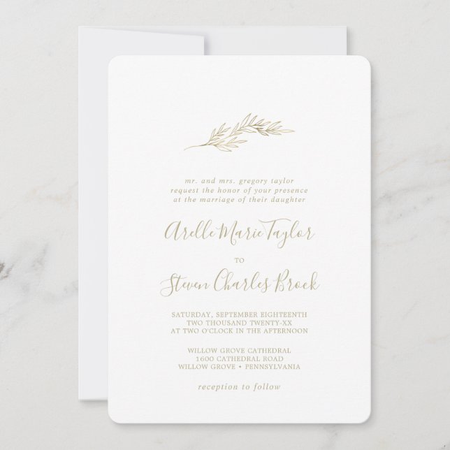 Invitation Feuille minimale | Mariage traditionnel or (Devant)