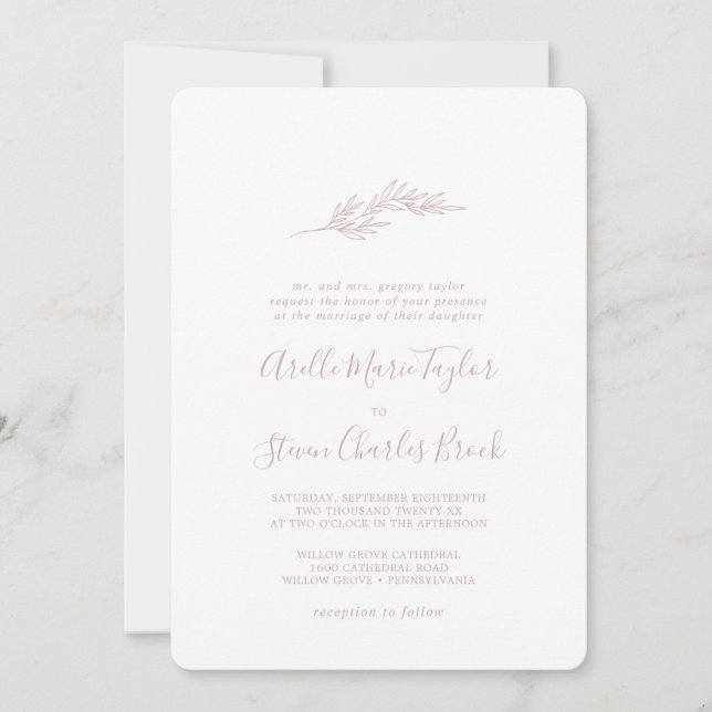 Invitation Feuille minimale | Mariage traditionnel rose vif (Devant)