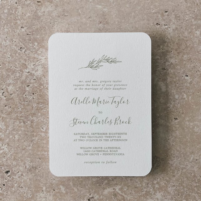 Invitation Feuille minimale | Mariage traditionnel vert olive (Créateur téléchargé)