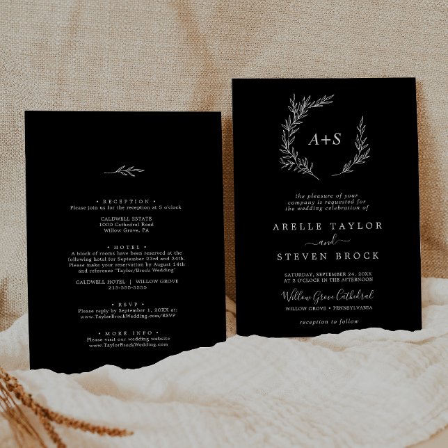 Invitation Feuille minimale | Noir foncé tout en un Mariage (Minimal Leaf | Dark Black All In One Wedding Invitation)