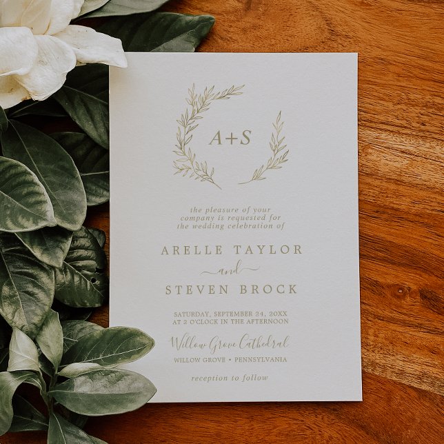 Invitation Feuille minimale | Or Mariage Monogramme Formel (Minimal Leaf | Gold Formal Monogram Wedding Invitation)