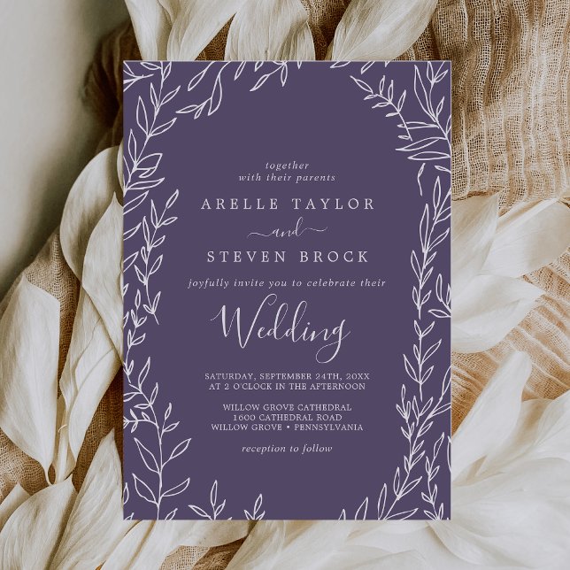Invitation Feuille minimale | Plum violet Mariage (Créateur téléchargé)