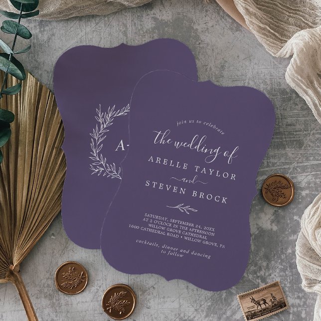 Invitation Feuille minimale | Plum violet Mariage arrière (Créateur téléchargé)