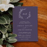 Invitation Feuille minimale | Plum violet Mariage de monogram<br><div class="desc">Ce faire-part de mariage monogramme formel de prune de feuille minimale est parfait pour un mariage de saumons. Le design des tons de bijoux est composé d'une simple silhouette de feuilles verdoyantes dans un violet bleu foncé violet avec un style boho minimaliste. Personnalisez avec les initiales de la mariée et...</div>