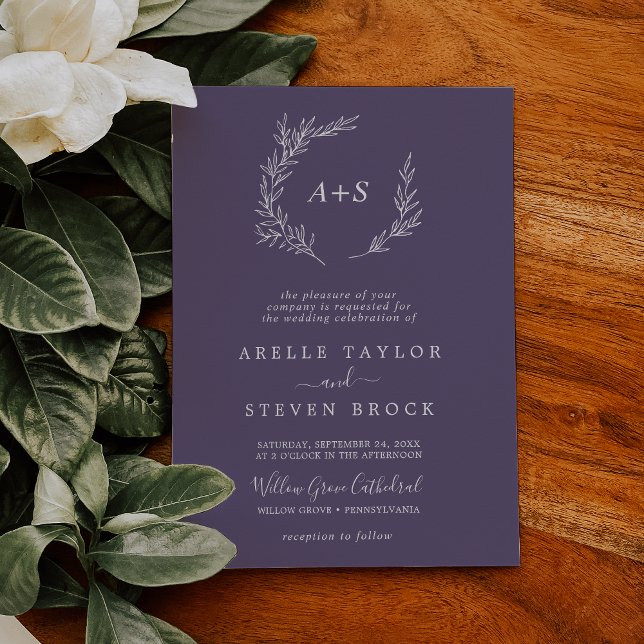 Invitation Feuille minimale | Plum violet Mariage de monogram (Créateur téléchargé)