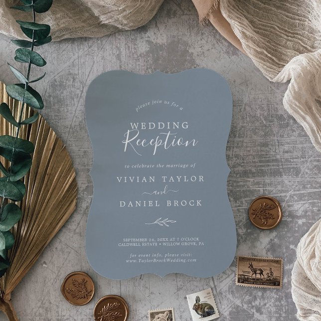 Invitation Feuille minimale | Réception de mariage bleu et bl (Créateur téléchargé)