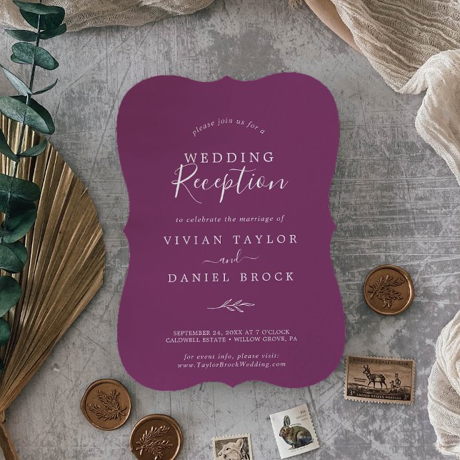Invitation Feuille minimale | Réception Mariage Berry Purple (Créateur téléchargé)