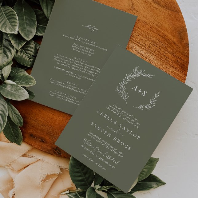 Invitation Feuille minimale | Vert foncé Tout en un Mariage (Créateur téléchargé)