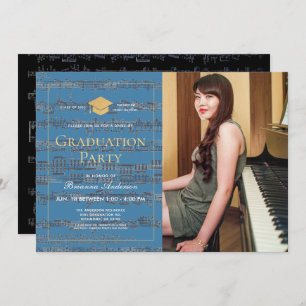 Invitation Feuille Musique Blue Gold Photo Drive-by Graduatio