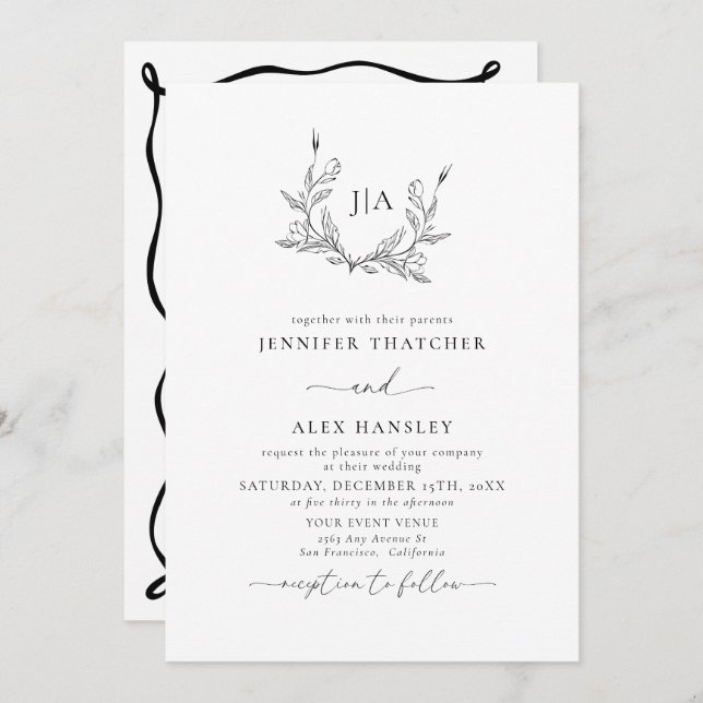 Invitation Feuille Noir Blanc | Mariage Photo Monogramme (Devant / Derrière)