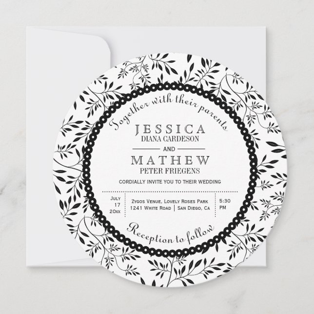 Invitation Feuille noir blanc motif moderne mariage (Devant)