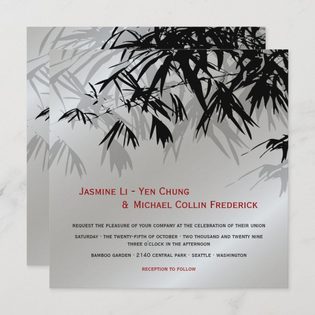 Invitation Feuille Oriental en bambou Noir Argent Asiatique M (Devant / Derrière)