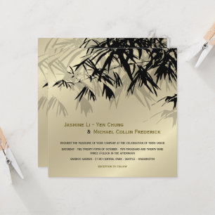 Invitation Feuille Oriental en bambou Noir Or Mariage asiatiq