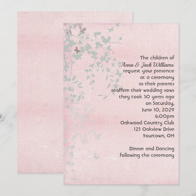 Invitation Feuille rose et argentée (Devant / Derrière)