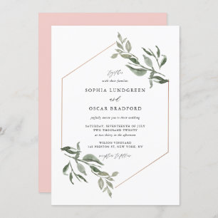 Invitation Feuille Rose or Mariage de trame aquarelle