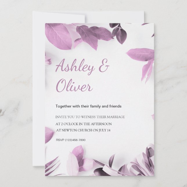 Invitation Feuille rose simple Mariage vert blanc (Devant)