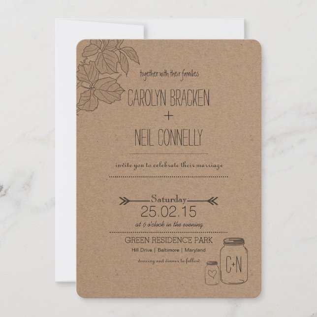 Invitation Feuille russe| Mason Jar|Faire-part de mariage car (Devant)