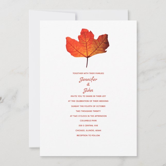 Invitation Feuille Rustique Automne Brûlé Mariage orange (Devant)