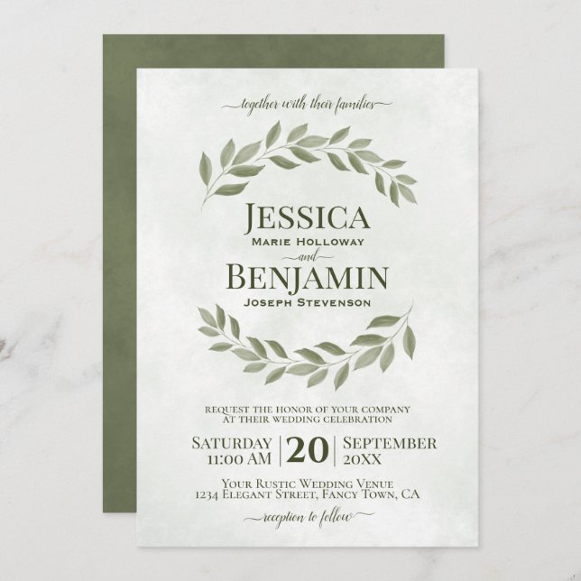 Invitation Feuille rustique Élégant Sage & Mariage vert olive (Devant / Derrière)