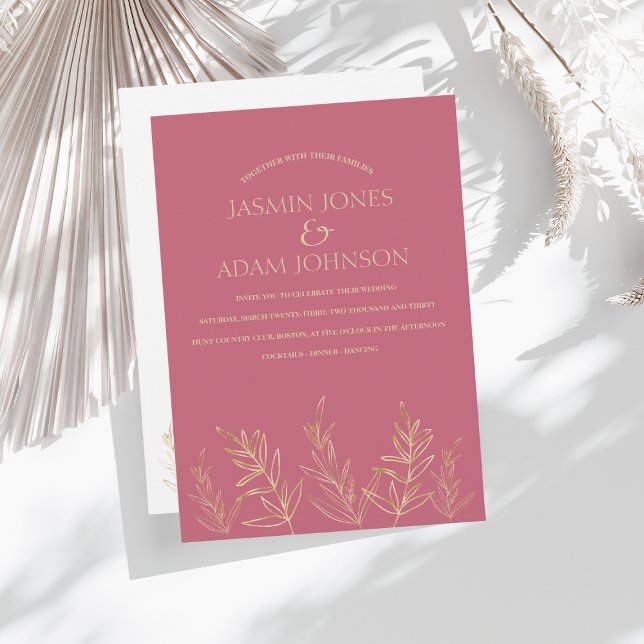 Invitation Feuille simple Magenta rose et or Mariage (Créateur téléchargé)